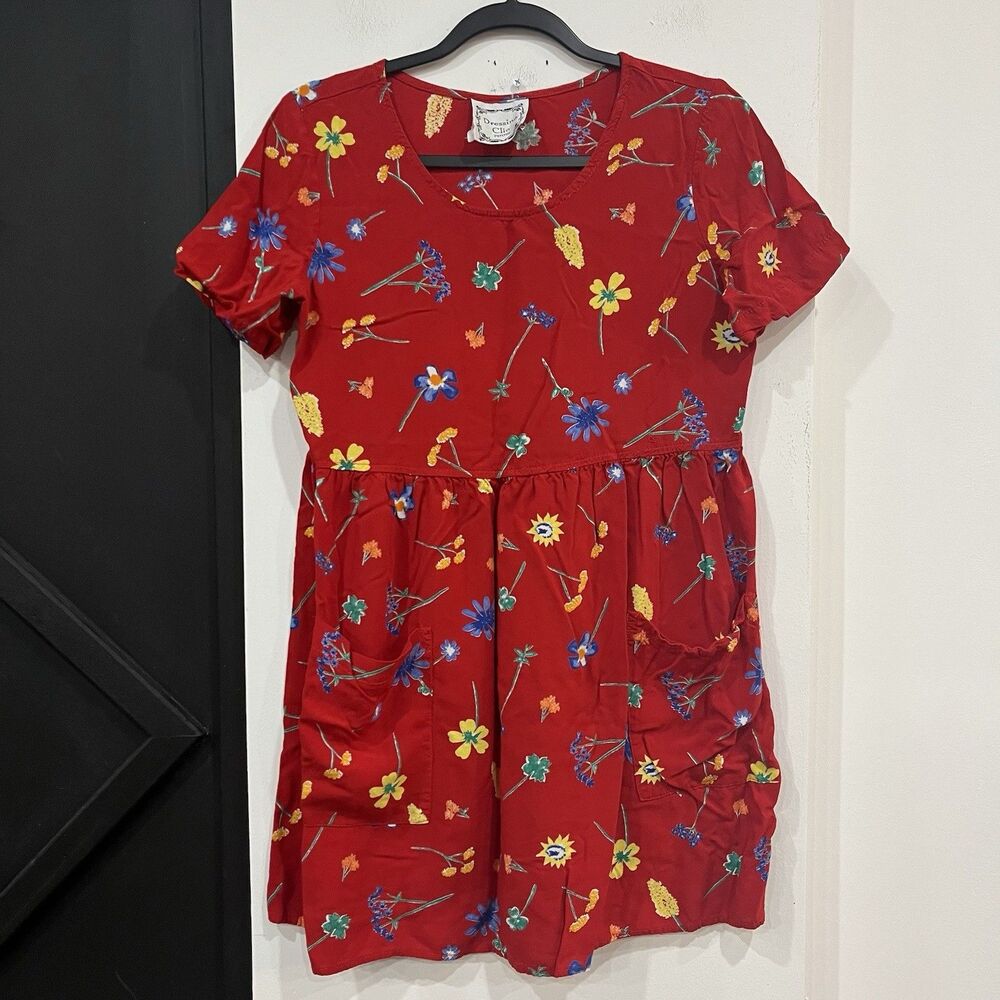 Vintage Red Floral Dressing Clio Dress Petite Medium Pockets Cottage Kidcore - Picture 2 of 9